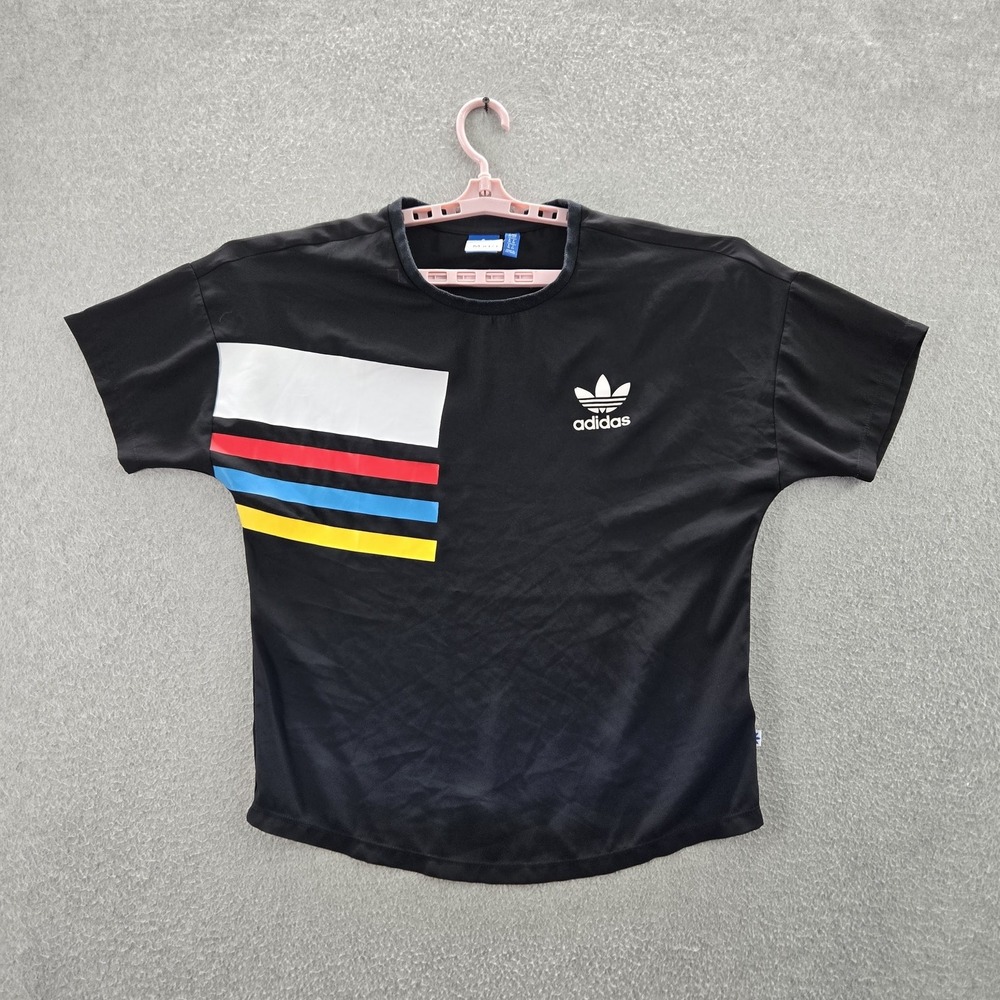 Adidas Women Shirt S Black Colorblock Stripes Trefoil Logo Chiffon Tee